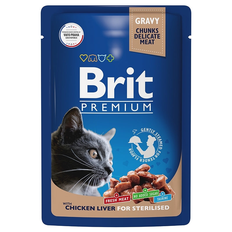 Brit Premium with Chicken Liver Sterilized Влажный корм для стерилизованных кошек, куриная печень в соусе в соусе 85г (пауч)