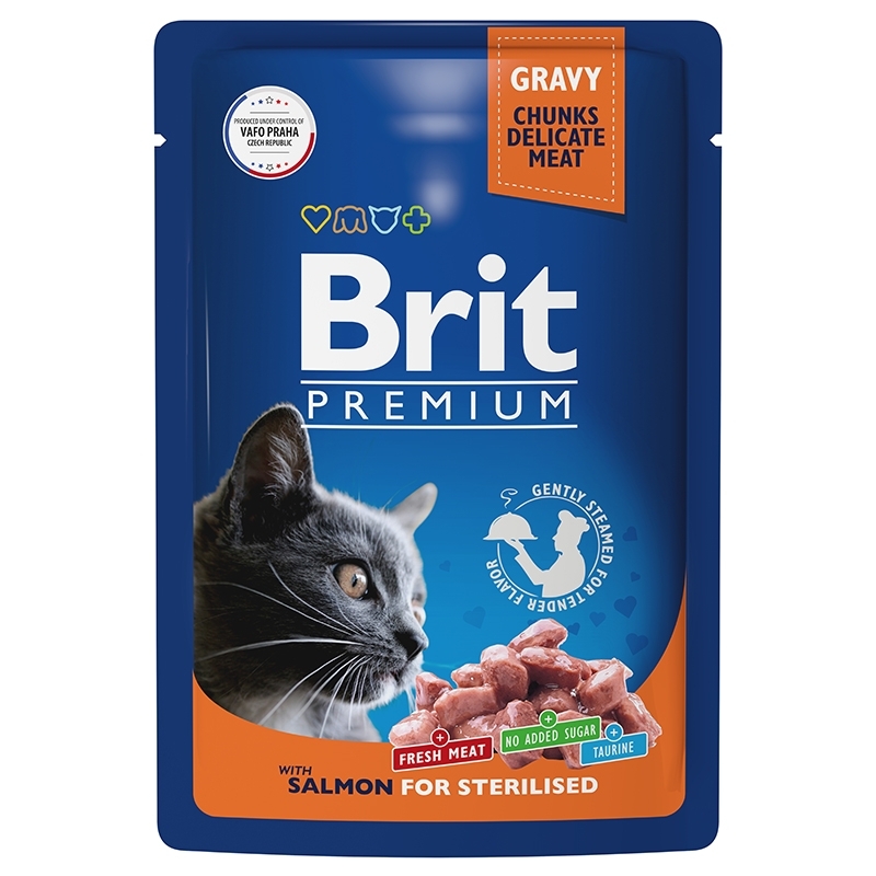 Brit Premium with Salmon Sterilized Влажный корм для стерилизованных кошек, лосось в соусе 85г (пауч)