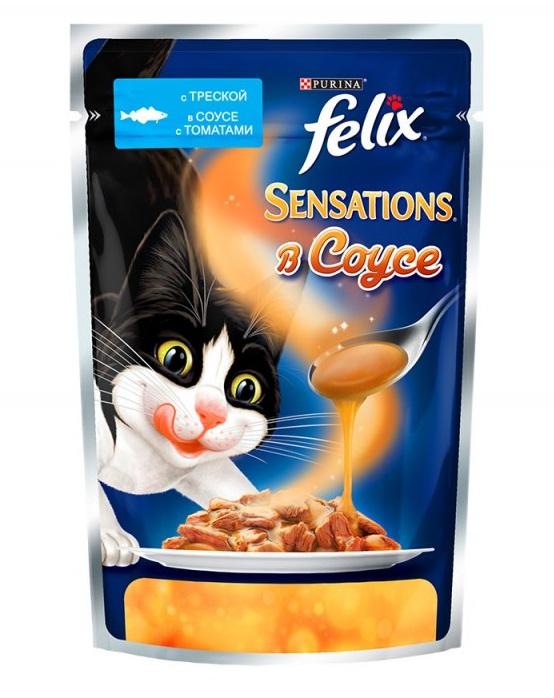 Felix "Sensations" кусочки в соусе для кошек треска с томатами 85г (пауч) 