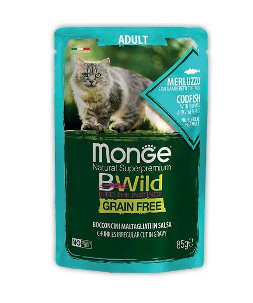 Monge BWild GF Adult Bocconcini Merluzzo Пауч из трески с креветками и овощами для взрослых кошек 85г