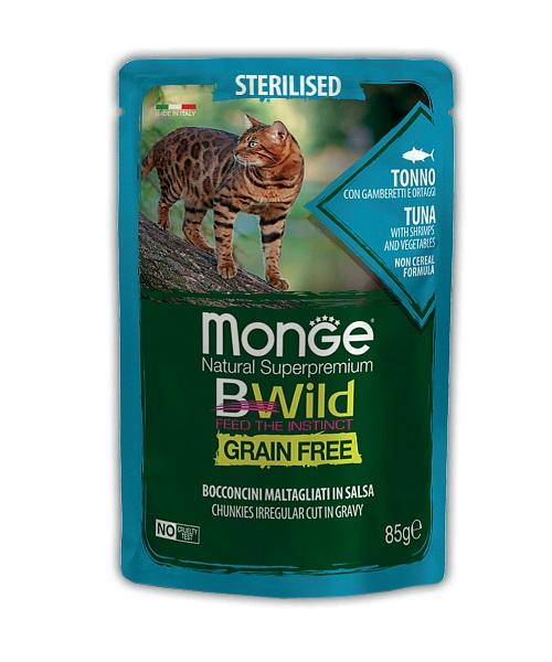 Monge BWild GF Sterilised Bocconcini Tonno Пауч из тунца с креветками и овощами для стерилизованных кошек 85г.
