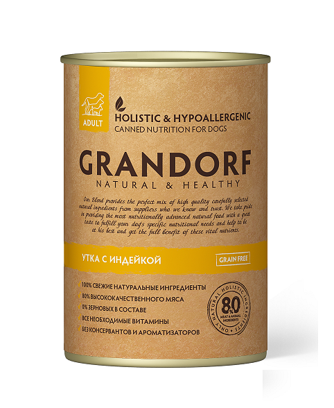 Grandorf Консервы Для взрослых собак всех пород, мясо утки и индейки 400г (банка)