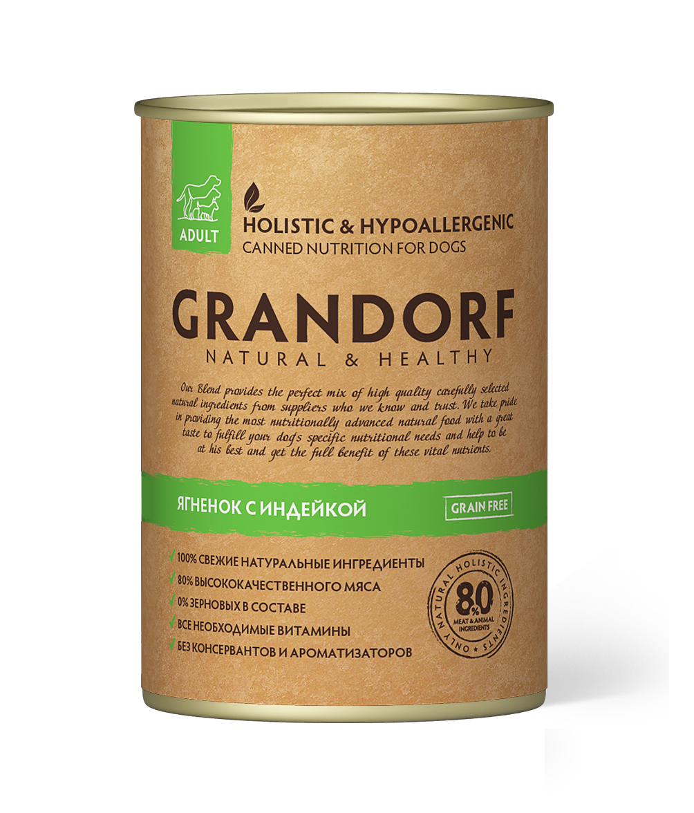 Grandorf Консервы Для взрослых собак всех пород, мясо ягненка и индейки 400г (банка)