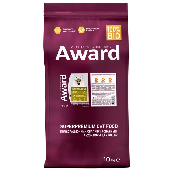   Сухой корм AWARD Hairball & Indoor для взрослых кошек для выведения шерсти с уткой и индейкой 10кг