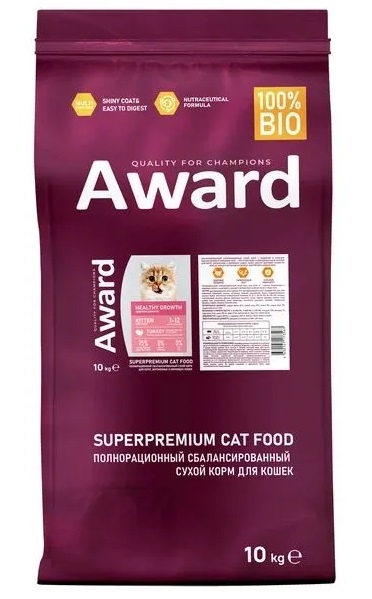 Сухой корм AWARD Kitten Healthy growth для котят от 1 месяца, беременных и кормящих кошек с индейкой и курицей 10кг 