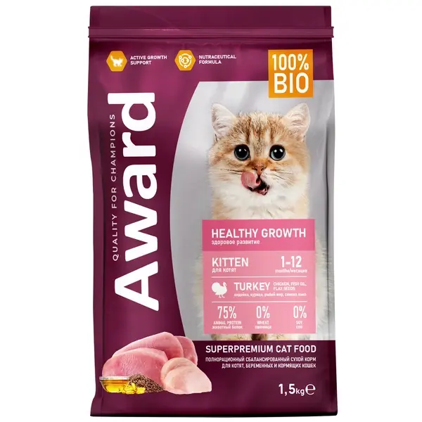 Сухой корм AWARD Kitten Healthy growth для котят от 1 месяца, беременных и кормящих кошек с индейкой и курицей 1,5кг