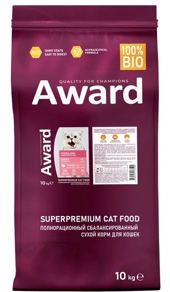 Сухой корм AWARD Sterilized для взрослых стерилизованных кошек с индейкой и курицей с добавлением клюквы и цикория 10кг