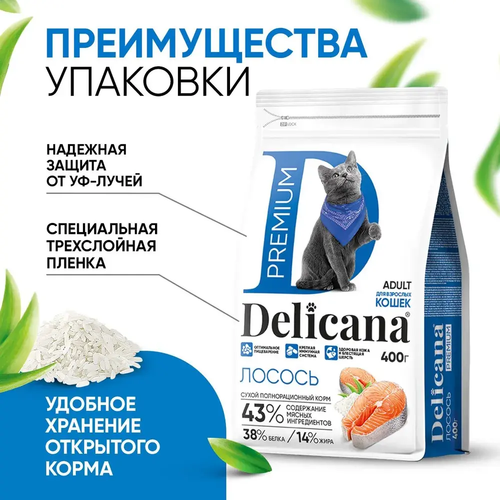 DELICANA Сухой корм для взрослых кошек Лосось 8кг