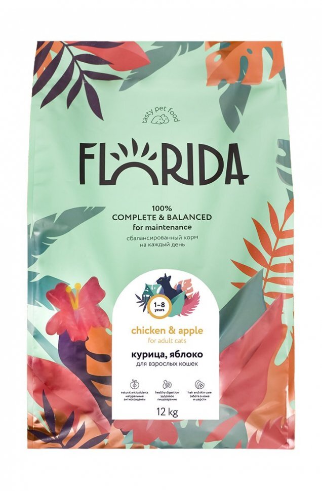 FLORIDA Сухой корм для взрослых кошек, с курицей и яблоком, Adult Chicken 12кг