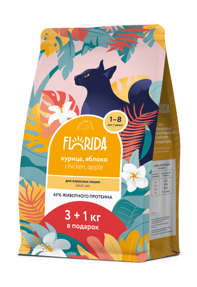FLORIDA Сухой корм для взрослых кошек, с курицей и яблоком, Adult Chicken 3+1кг