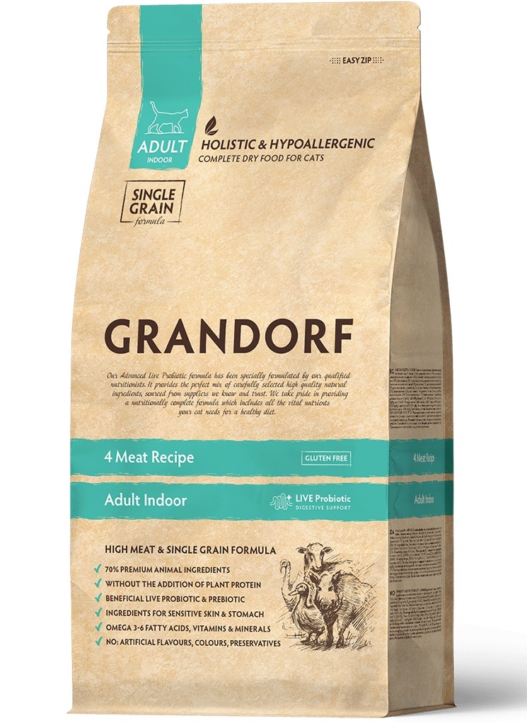 GRANDORF CAT 4 Meat PROBIOTIC Adult Cat Indoor Для взрослых кошек живущих в помещении, 4 вида мяса 400г