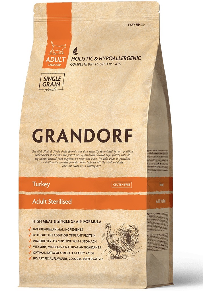 GRANDORF CAT Turkey STERILISED Для взрослых стерилизованных кошек, с индейкой 400г