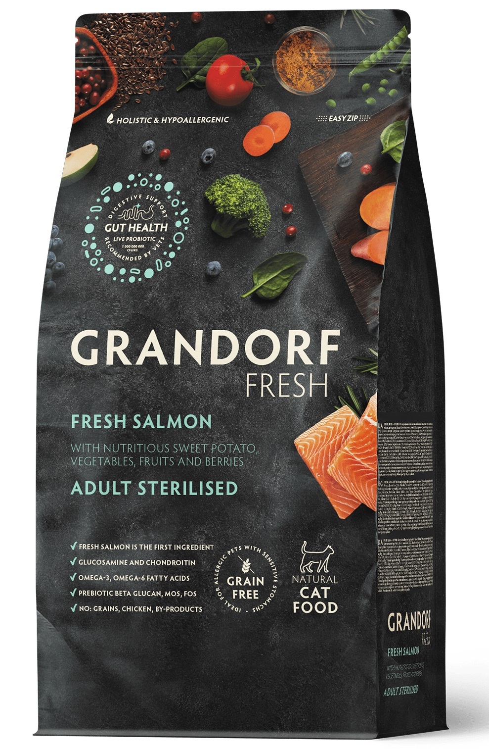 GRANDORF FRESH CAT Salmon STERILISED Лосось с бататом для стерилизованных кошек , для здоровья кожи и шерсти или склонных к аллергии 400г