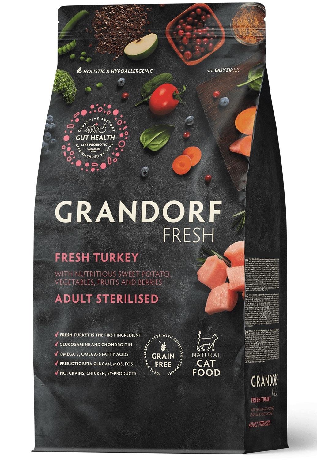 GRANDORF FRESH CAT Turkey STERILISED Индейка с бататом для стерилизованных кошек, диетическая формула для особо аллергичных кошек 2кг