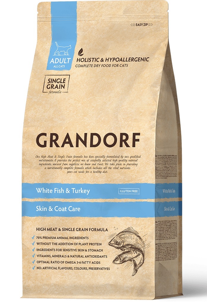 GRANDORF CAT White Fish&Turkey SKIN&CARE Для взрослых кошек, Белая рыба с индейкой -забота о коже и шерсти 400г