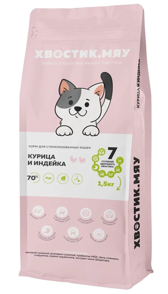 Хвостик. МЯУ. Корм для стерилизованных кошек с индейкой и курицей 10кг