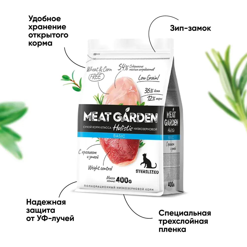 MeatGarden BASIC STERILISED Сухой корм для для стерилизованных кошек и кастрированных котов, с кроликом и уткой 400г