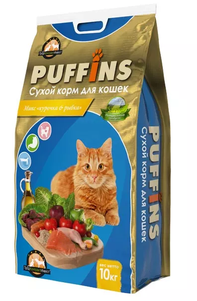 Ночной Охотник PUFFINS Сухой корм для кошек Микс Курочка и Рыбка 10кг