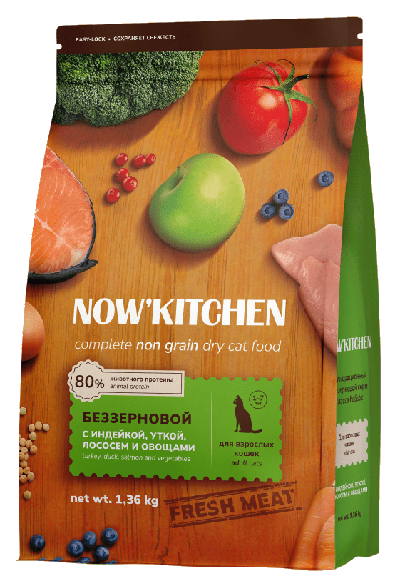 NOW'KITCHEN Беззерновой корм для взрослых кошек со свежей индейкой,уткой,лососем и овощами,Fresh Grain-free Turkey,Duck&Salmon,Adult 1,36кг