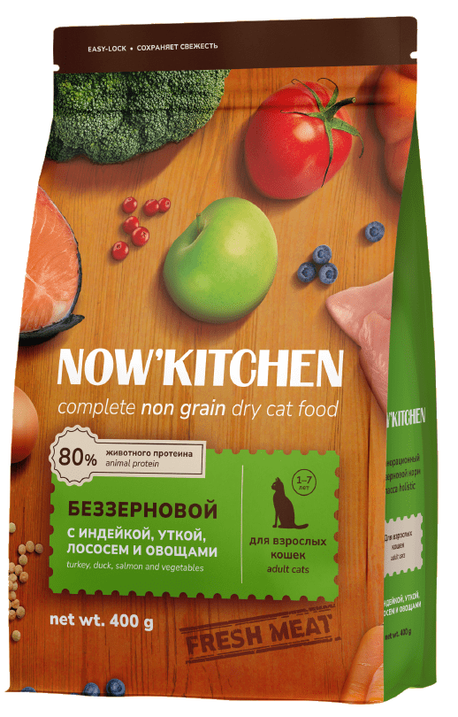 NOW'KITCHEN  Беззерновой корм для взрослых кошек со свежей индейкой,уткой,лососем и овощами,Fresh Grain-free Turkey,Duck&Salmon,Adult 400г