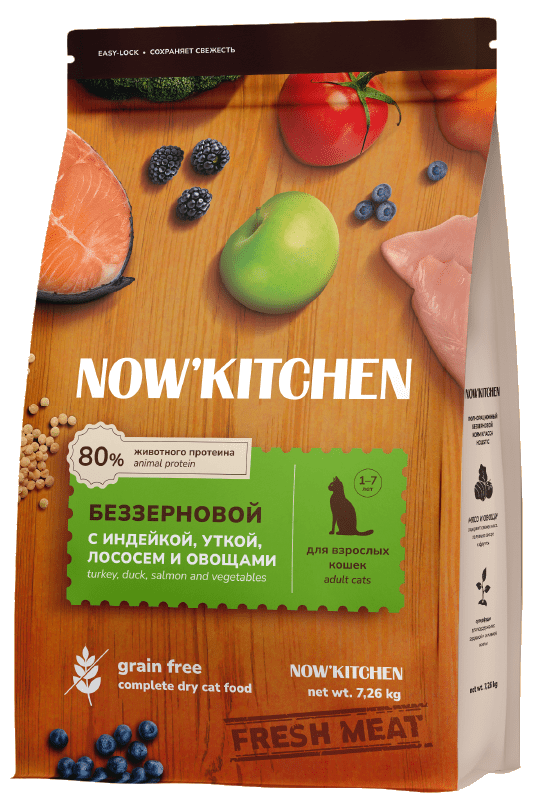 NOW'KITCHEN Беззерновой корм для взрослых кошек со свежей индейкой,уткой,лососем и овощами,Fresh Grain-free Turkey,Duck&Salmon,Adult 7,26кг