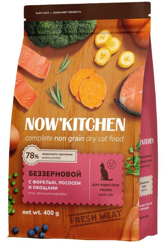 NOW'KITCHEN Беззерновой корм для взрослых кошек со свежей форелью, лососем и овощами, Fresh Grain-free Recipe Trout&Salmon, Adult 400г