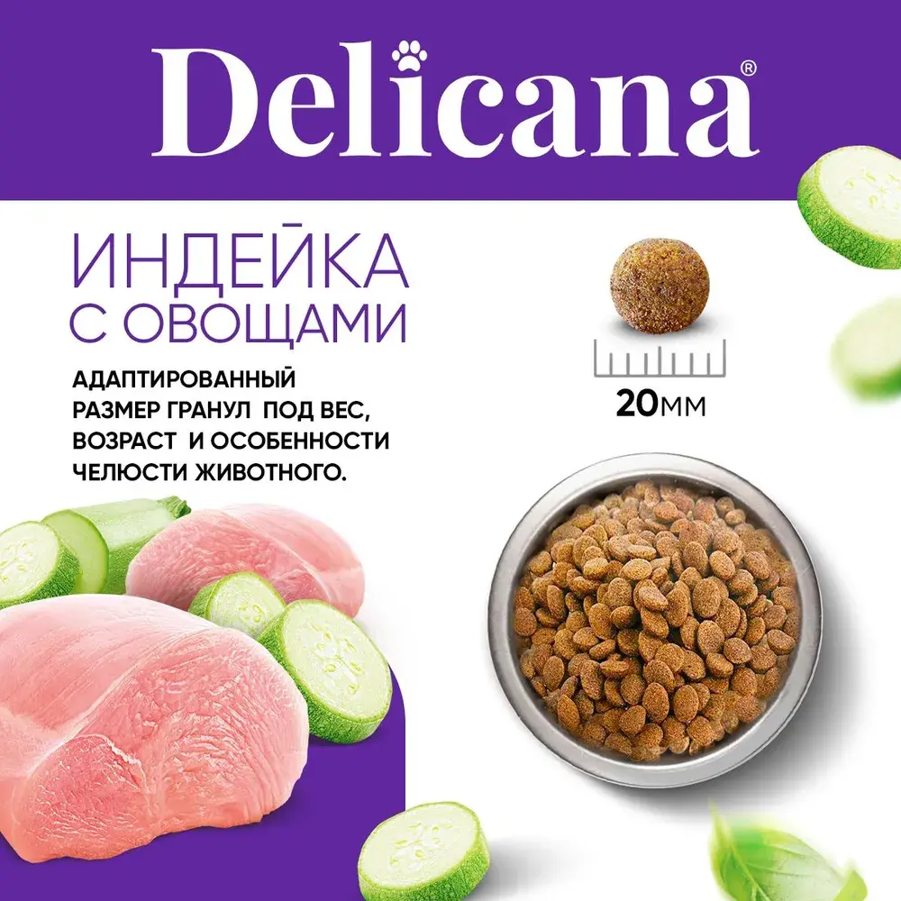 DELICANA Сухой корм для взрослых собак крупных пород Индейка с овощами 15кг