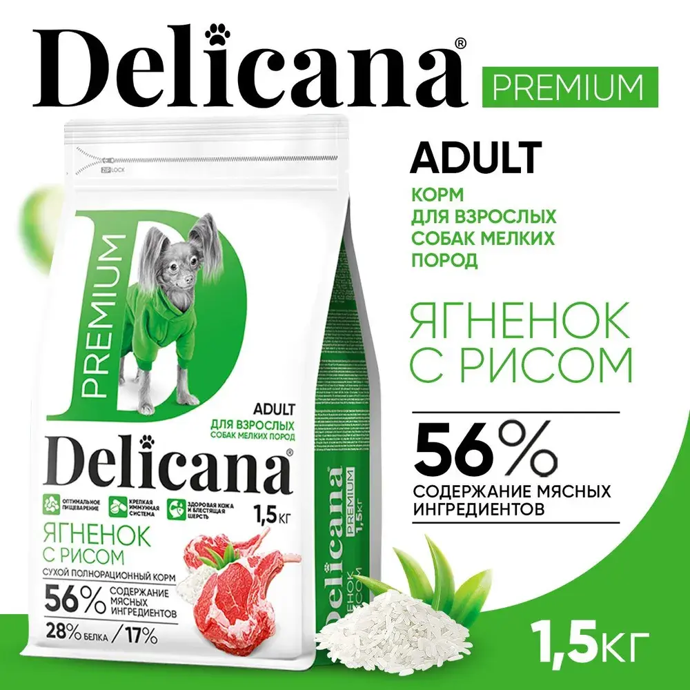 DELICANA Сухой корм для взрослых собак мелких пород Ягненок с рисом 1,5кг