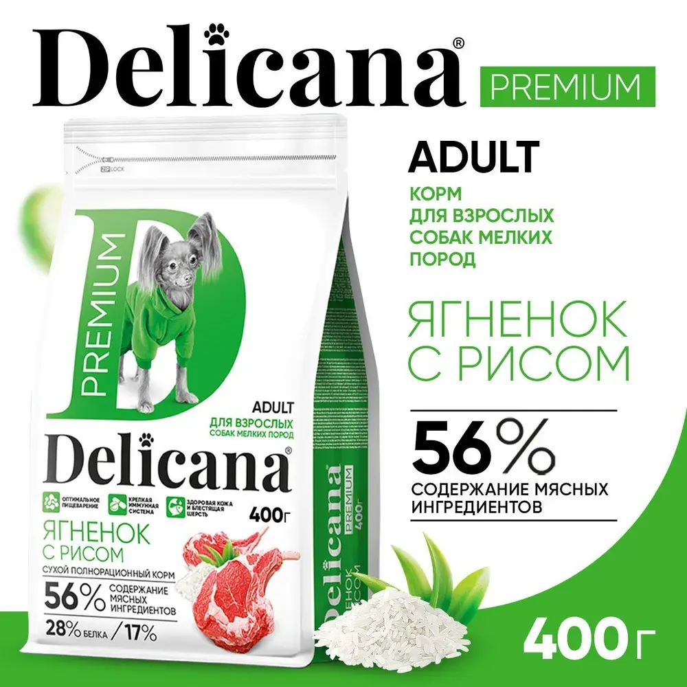 DELICANA Сухой корм для взрослых собак мелких пород Ягненок с рисом 400г