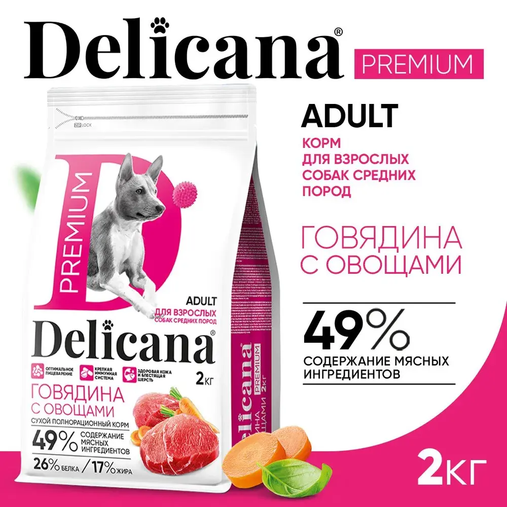DELICANA Сухой корм для взрослых собак средних пород Говядина с овощами 2кг