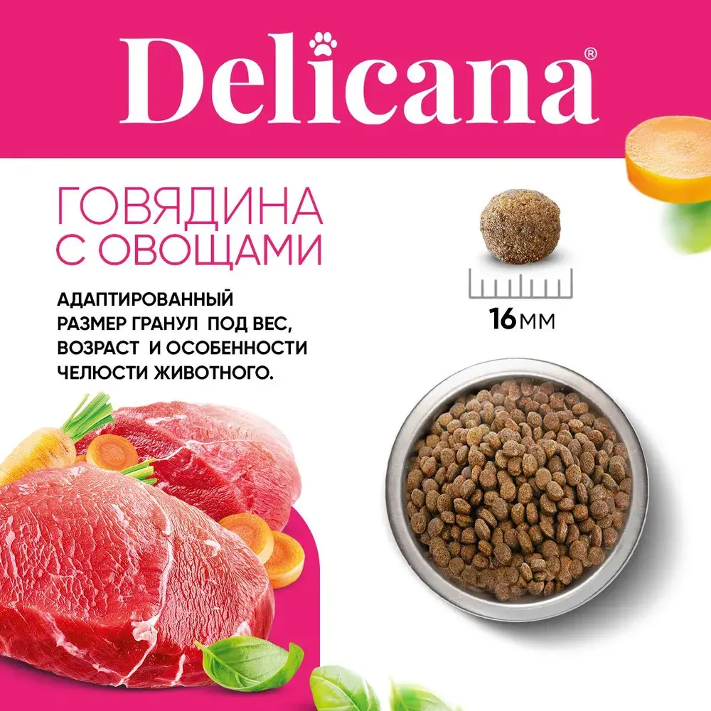 DELICANA Сухой корм для взрослых собак средних пород Говядина с овощами 15кг