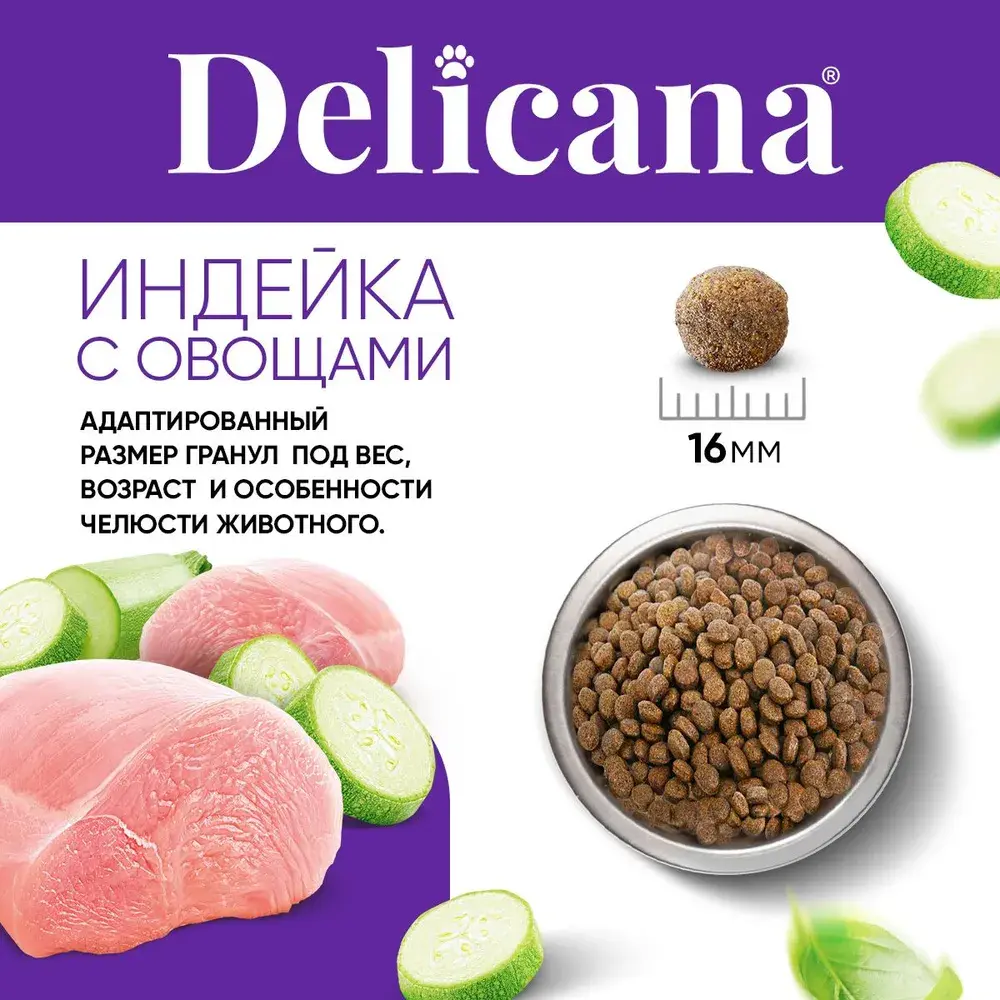 DELICANA Сухой корм для взрослых собак средних пород Индейка с овощами 2кг