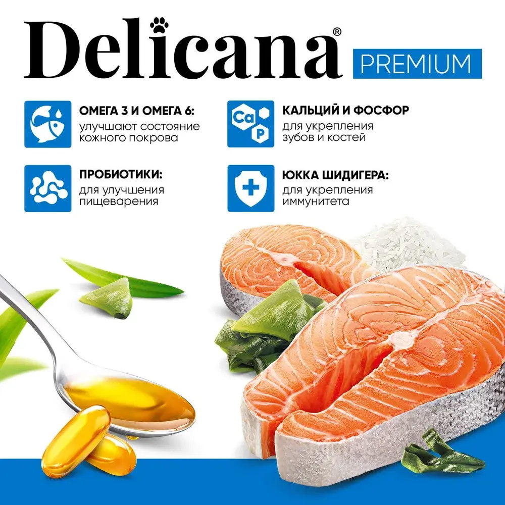 DELICANA Сухой корм для взрослых собак средних пород Лосось с рисом 15кг
