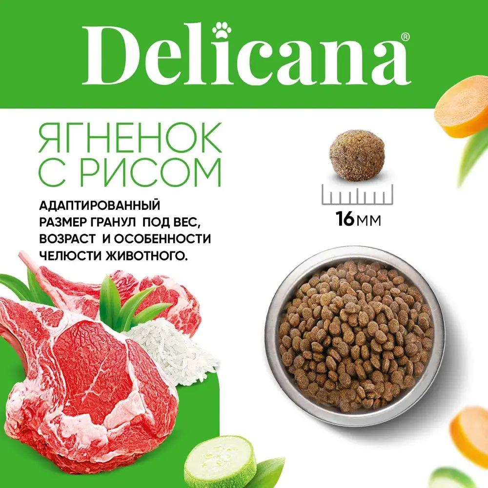 DELICANA Сухой корм для взрослых собак средних пород Ягненок с рисом 15кг