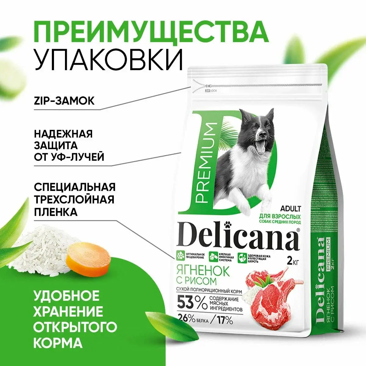 DELICANA Сухой корм для взрослых собак средних пород Ягненок с рисом 2кг