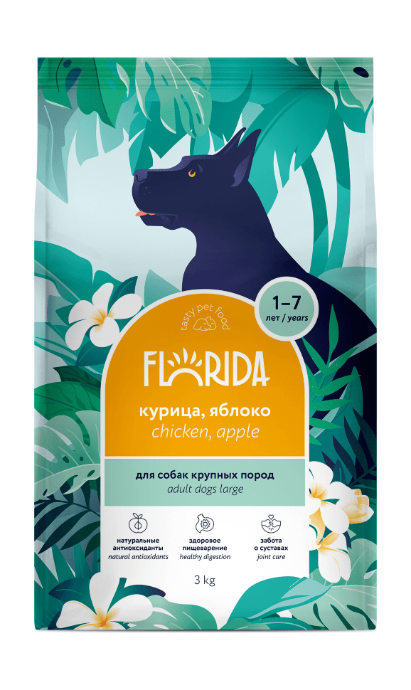 FLORIDA Сухой корм для взрослых собак крупных пород с курицей и яблоком, Maxi Adult Chicken 3кг