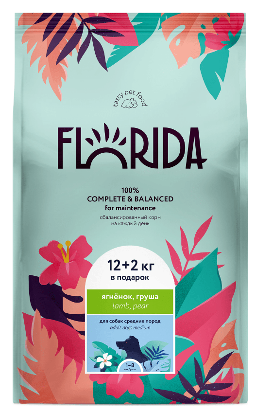 FLORIDA Сухой корм для взрослых собак средних пород с ягненком и грушей, Medium Adult Lamb 14кг