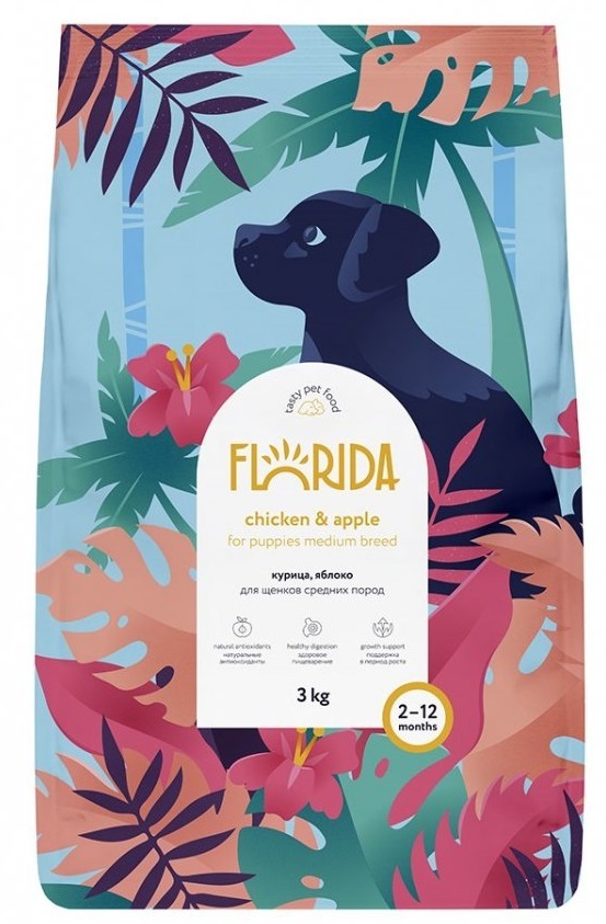 FLORIDA Сухой корм для щенков средних пород с курицей и яблоком, Medium Puppy Chicken 3кг