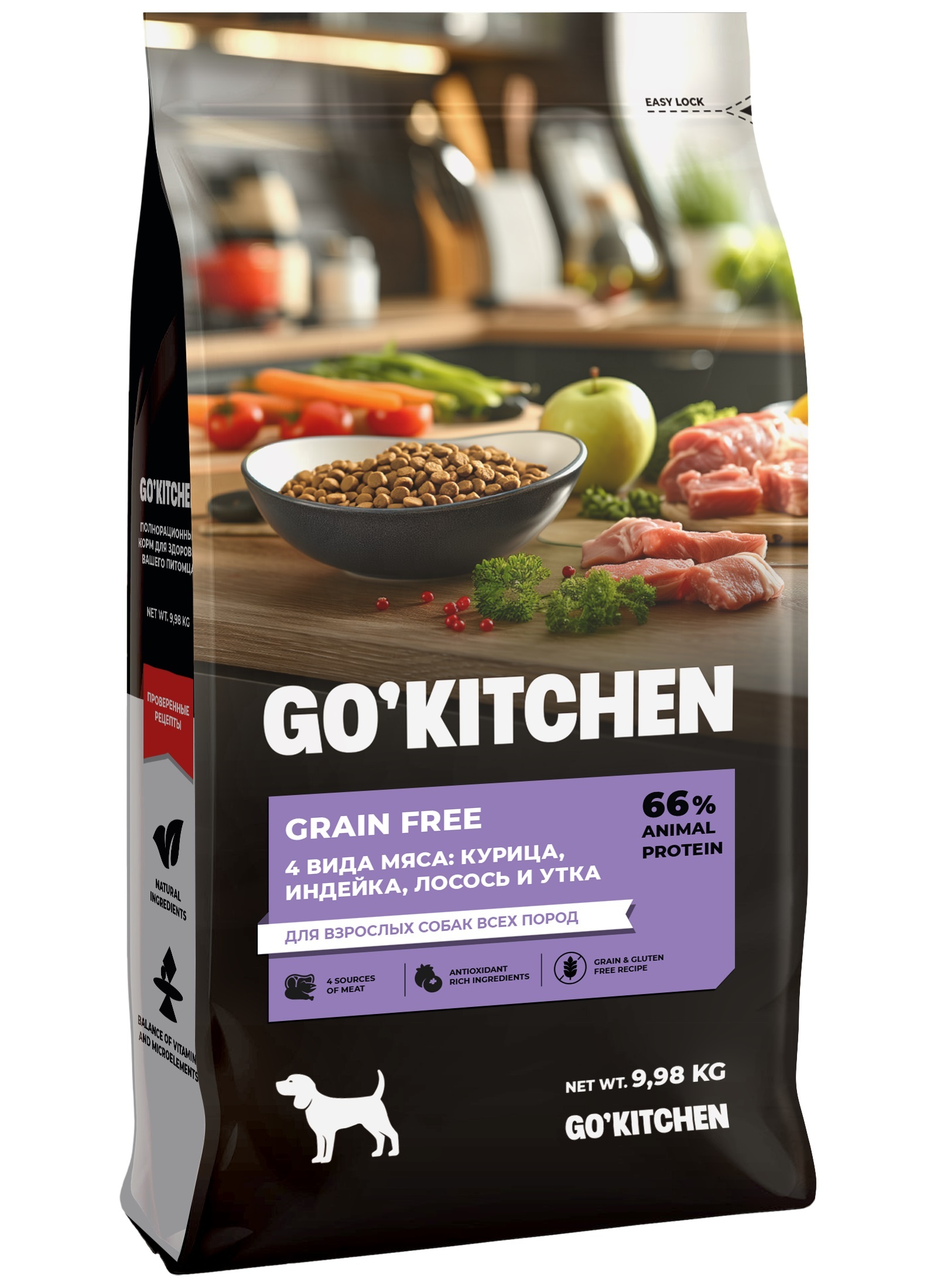 GO'KITCHEN Беззерновой корм для взрослых собак всех пород с курицей, индейкой, лососем и уткой,GRAIN FREE ADULT 4 Meat Recipe 9,98кг
