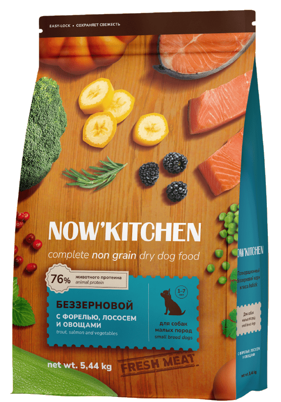 NOW KITCHEN Беззерновой корм для взрослых собак малых пород со свежей форелью, лососем,Fresh Grain-free Trout&Salmon,Small Adult 5,44кг