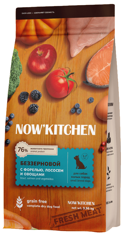 NOW KITCHEN Беззерновой корм для взрослых собак малых пород со свежей форелью, лососем,Fresh Grain-free Trout&Salmon,Small Adult 9,98кг
