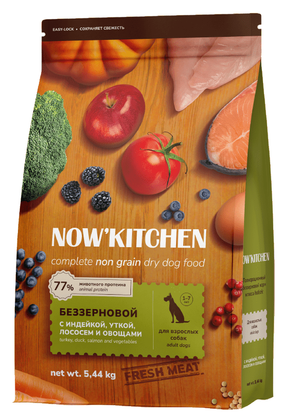 NOW KITCHEN Беззерновой корм для взрослых собак со свежей индейкой,уткой,лососем,Fresh Grain-free Turkey,Duck&Salmon,Adult 5,44кг