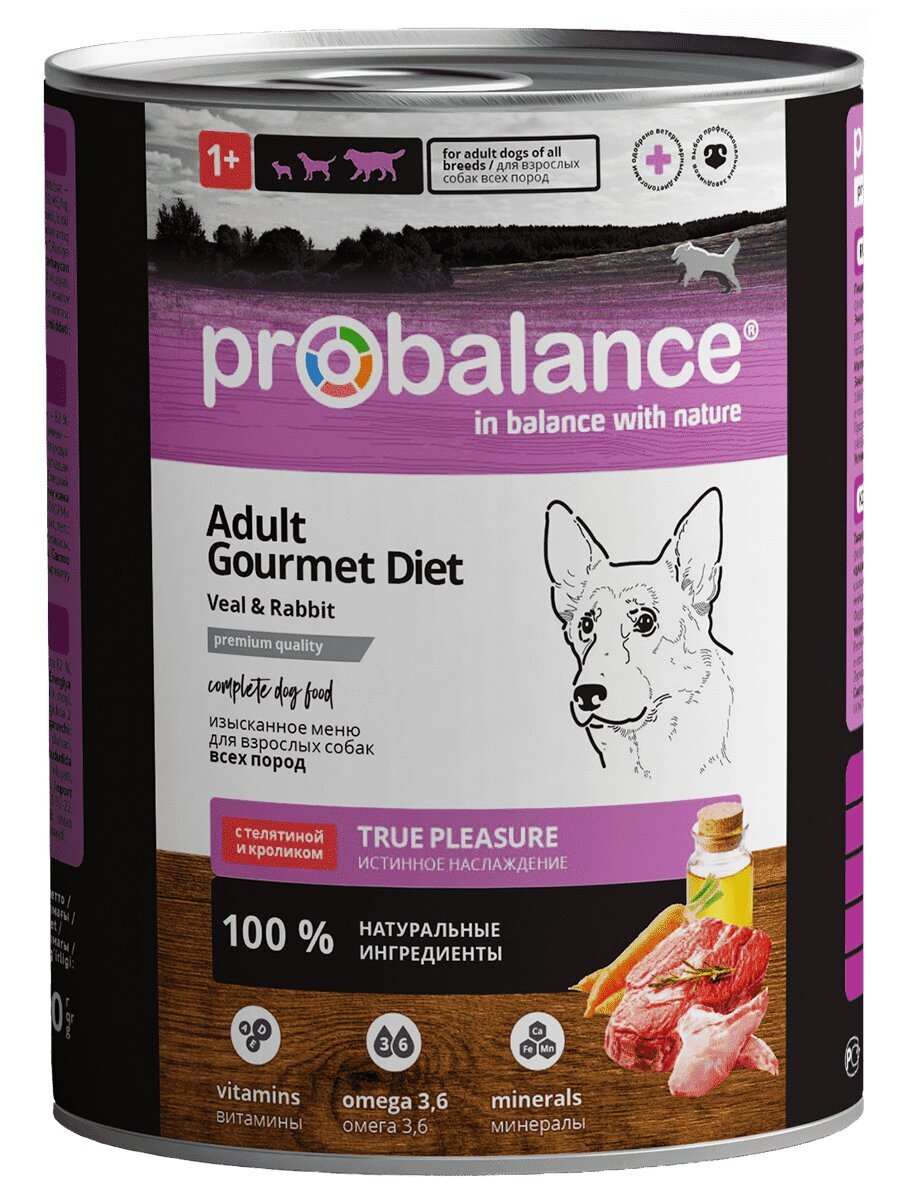 ProBalance Dog Adult Gourmet Diet Консервированный корм для привередливых взрослых собак с телятиной и кроликом 850г