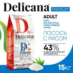 DELICANA Сухой корм для взрослых собак средних пород Лосось с рисом 15кг